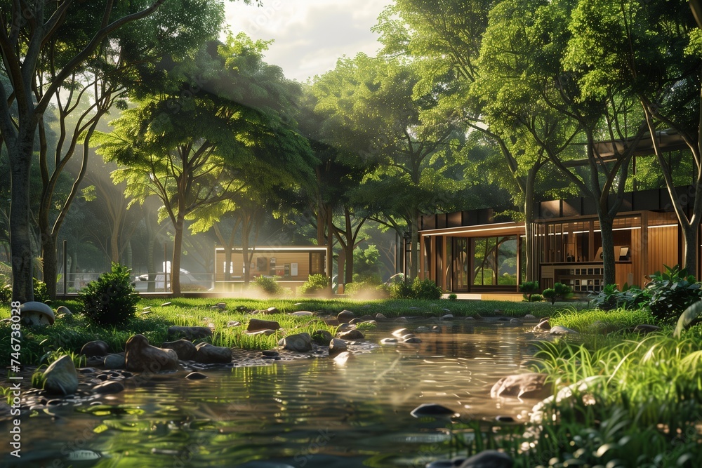 A peaceful outdoor scene where a symbolic veterinary clinic is nestled in a lush, green forest, representing the harmony between animal care and nature on World Veterinary Day.