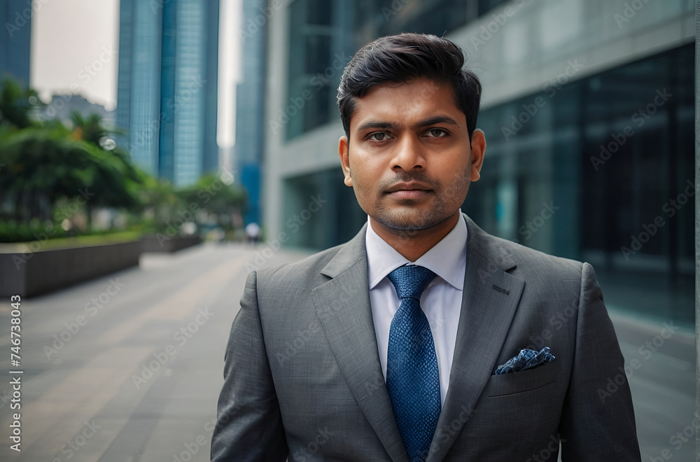 Confident rich eastern indian business man executive standing, business vision and leadership Confident rich eastern indian business man executive standing, business vision and leadership