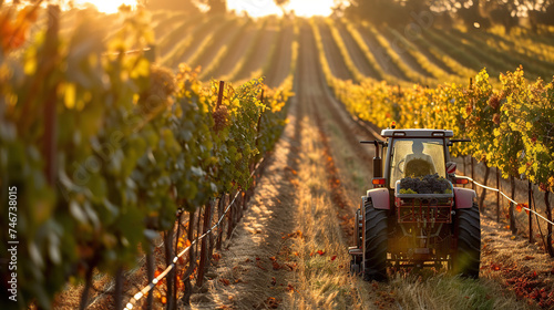 a tractor is driving through a grape field