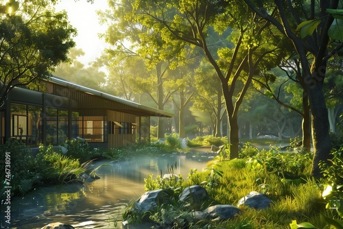 A peaceful outdoor scene where a symbolic veterinary clinic is nestled in a lush, green forest, representing the harmony between animal care and nature on World Veterinary Day. photo