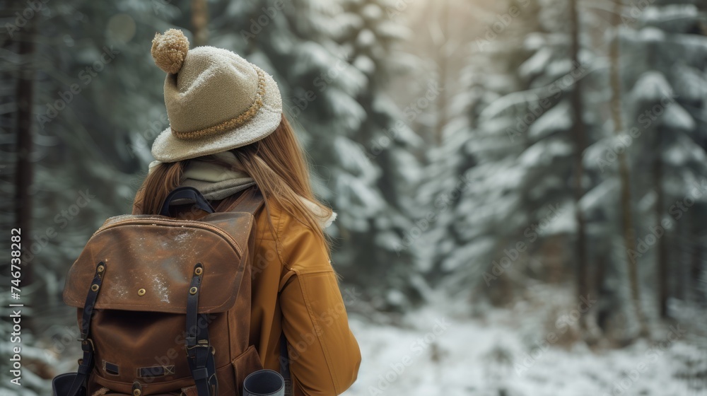 A woman wearing a hat and backpack in a snowy forest, hiking and winter travelling by foot, adventure concept.
