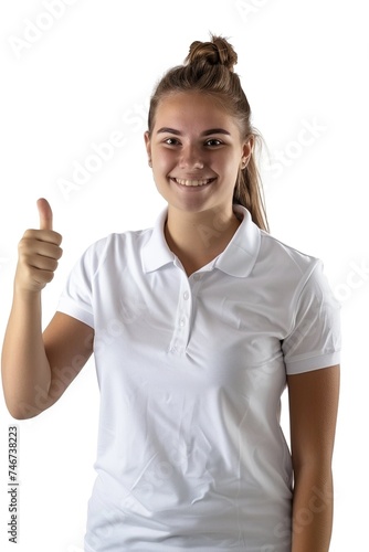 Smiling Girl in White Polo Shirt Giving Thumbs Up on White Background photo