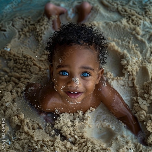 Black Boy with Stunning Blue Eyes Posing on Beach Sand
