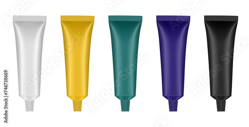 Set of toothpaste or ointment tubes. White, purple, green, gold and black colors. Hand cream, mask or lotion. Acrylic paint	
