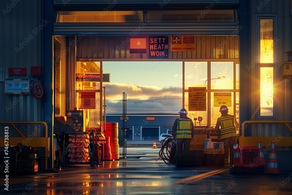 Naklejka premium A serene, early morning scene at a factory, with the focus on safety signs and equipment prominently displayed at the entrance.