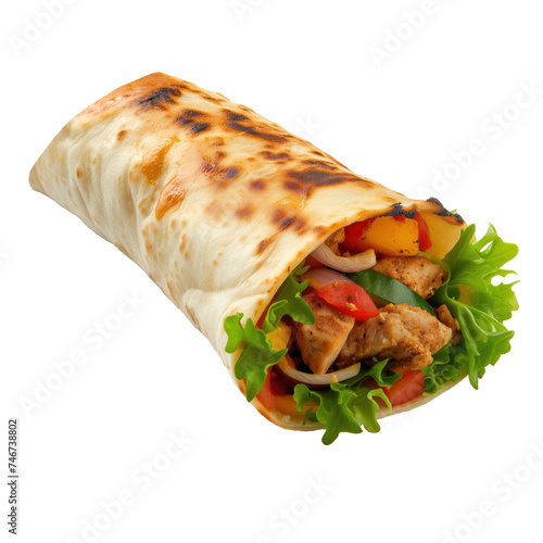 Shawarma isolated on a white or transparent background. Shawarma in lavash bread close-up, side view, filled with vegetables. Design element on the theme of fast food.