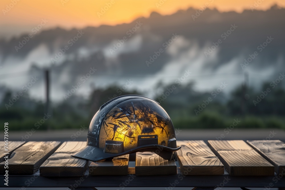 A solitary worker helmet, illuminated by the first light of dawn, rests on a rugged wooden table set against the backdrop of a serene, misty morning landscape - obrazy, fototapety, plakaty 