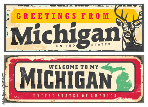 Greetings from Michigan vintage card souvenir template with deer graphic and creative typography. Retro signs set Michigan United States. Travel and vacation vector illustration.