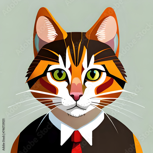 a cat from the front, wearing a black suit and tie, 2D, illustration, digital art, white background