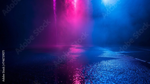  In a dark street, wet asphalt glistens with reflections of rays dancing in the water. The scene is enveloped in an abstract dark blue background, with wisps of smoke 