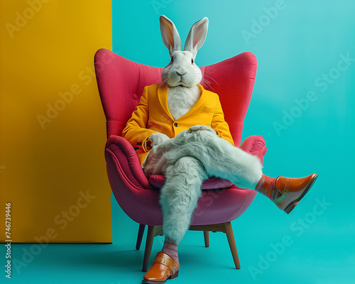 Modern easter rabbit sitting in a chair as a human. Abstract colorful creative idea with animal.