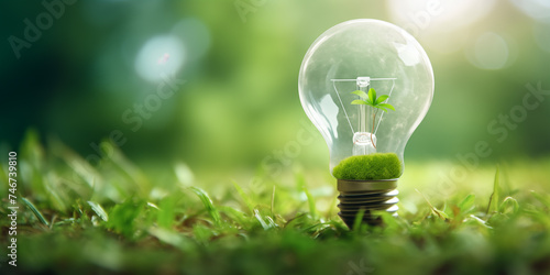 Green energy. Bulb with leaves and plants. Concept of renewable clean energy and saving electricity bill cost..