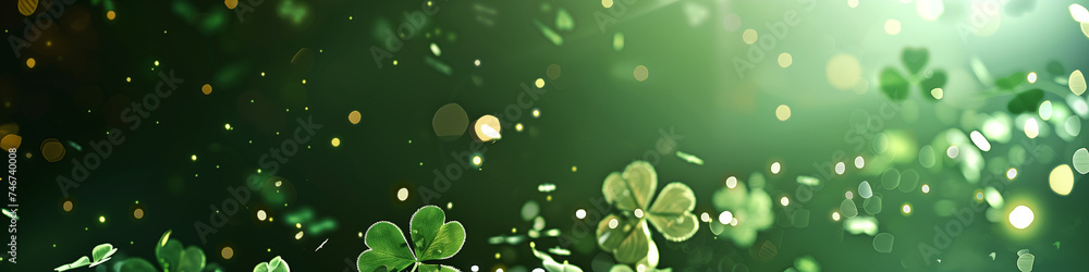 Enchanting Green Bokeh: Wide Festive Background with Clovers