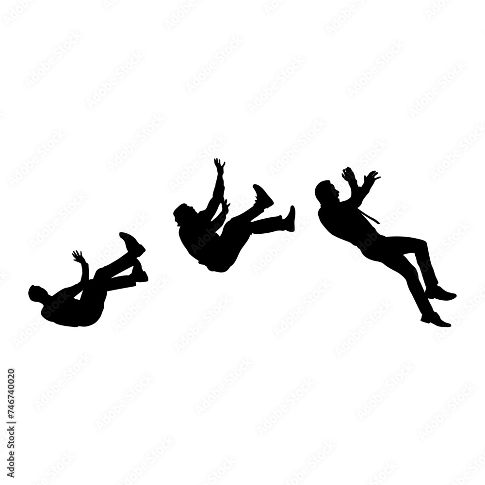 Convey a sense of intensity and theatricality through a collection of falling people silhouettes in striking and emotive poses, capturing attention and intrigue.