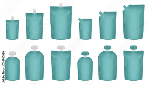 Set of teal green doypack packaging with screw cap. Blank foil drink bags pouches with spout. Ketchup, mayonnaise or mustard. Stand up doy pack mock up set. Cosmetic refill. Fruit puree, baby food