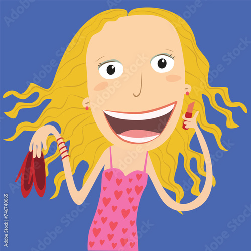 Blonde woman putting on makeup and getting dressed with lipstick and high heels. Vector Illustration.