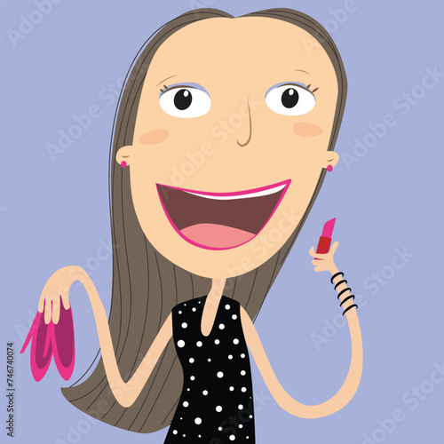 Brunette woman putting on makeup and getting dressed with lipstick and high heels. Vector Illustration.