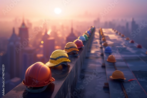 An array of worker helmets, each from a different profession, lined up along the edge of an urban rooftop as the city wakes below. celebrated on International Labour Day.