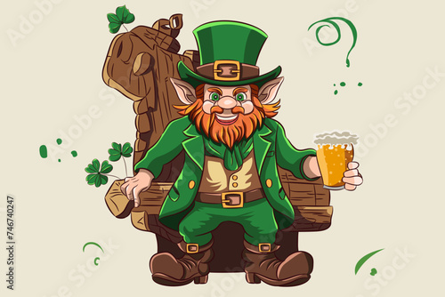 A leprechaun in a green hat with a glass of foaming beer in his hand is sitting on a chair made of a stump.
