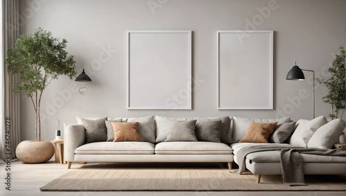  empty mock up poster frame in modern interior background, living room, Scandinavian style © SR Production
