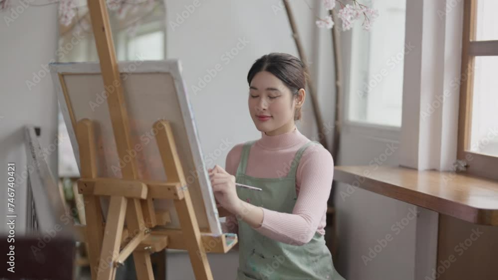 Asian female Artist creates her painting on canvas at art studio. Asian female Artist creates her painting on canvas at art studio.