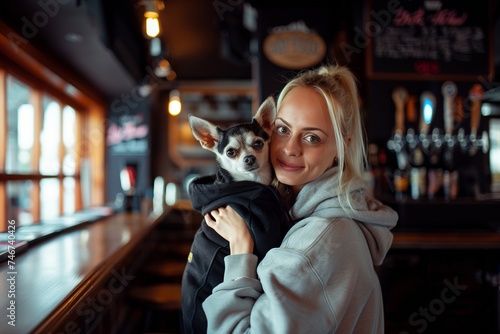 Girl hugs dog chihuahua in tracksuit at bar