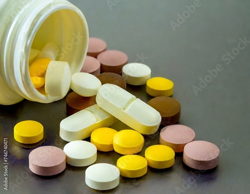 Medicine industry concept. Close-up of a diverse range of pills and capsules on the table (ID: 746740471)