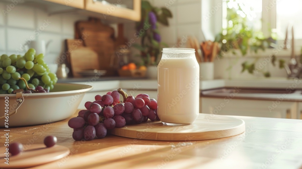 elegant advertisement image of grape milk in a sleek, modern bottle with grapes around, on a reflective surface for a luxurious feel elegant advertisement image of grape milk in a sleek, modern bottle with grapes around, on a reflective surface for a luxurious feel