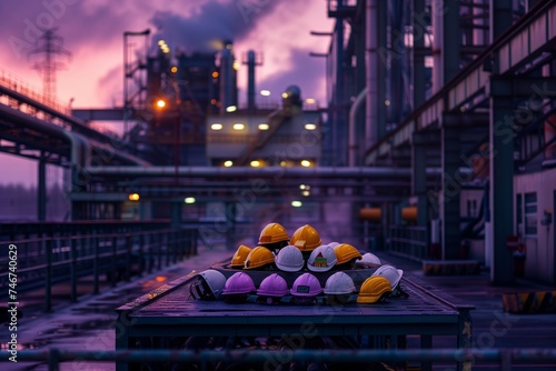 An atmospheric view of a factory at twilight, with the last light of the day casting a soft, purple hue over the industrial setting.