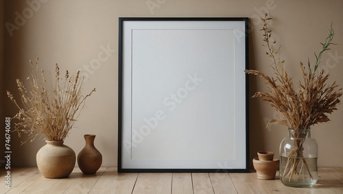  frame on beige wall mock up, vertical wooden poster frame on wall, mock up for picture or photo frame, empty frame on bright wall with dried plants