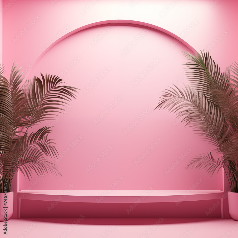 A stylish and vibrant pink scene with an archway framed by lush tropical palm leaves, ideal for modern and fresh design concepts A stylish and vibrant pink scene with an archway framed by lush tropical palm leaves, ideal for modern and fresh design concepts