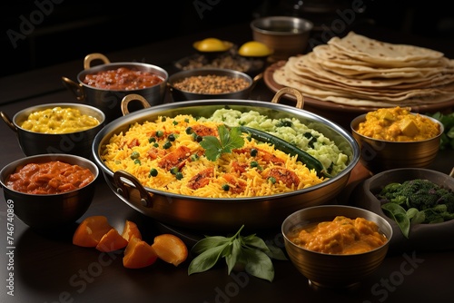 A rich Indian spread with biryani and creamy curries  accompanied by breads and condiments  exudes warmth.