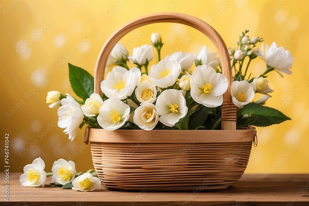 bouquet of White flowers in the basket on yellow background