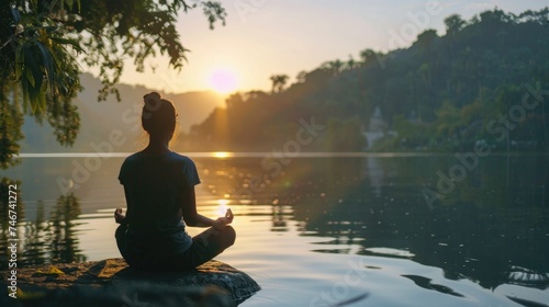 Silhouetted person meditating peacefully on a rock by a calm lake at sunrise, surrounded by nature. 