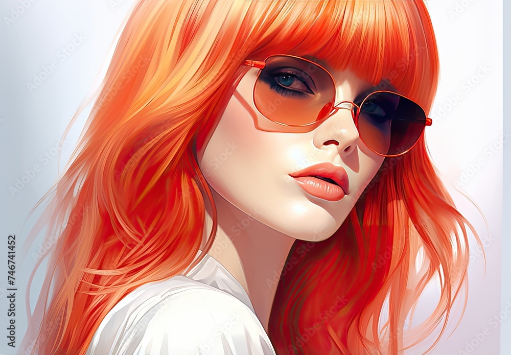 Beautiful young woman in sunglasses. Fashionable image of the model. The female image is drawn. Illustration for poster, cover, brochure, card, postcard, interior design or print. Beautiful young woman in sunglasses. Fashionable image of the model. The female image is drawn. Illustration for poster, cover, brochure, card, postcard, interior design or print.