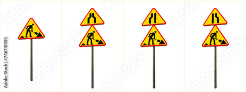 Road signs 3D , road works are underway and road narrowing - right, left , isolated on white background (signs A-14 A14 - A-12a A12a A-12b A12b A-12c A12c  ) photo