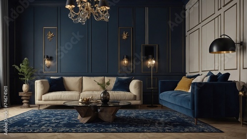 Patterned carpet in navy blue living room interior with black table in front of beige couch