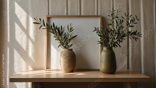empty wooden frame mockup in sunlight, Olive branch in modern organic shaped vase, Beige linen table cloth, White wainscot wall paneling background, Scandinavian interior, home design