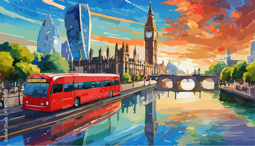 London city landscape with Big Ben and red bus