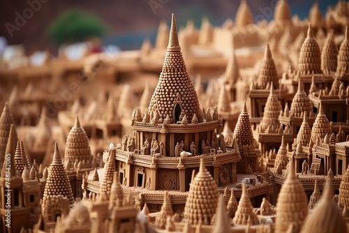 Detailed miniature sand temples with a myriad of spires and statues