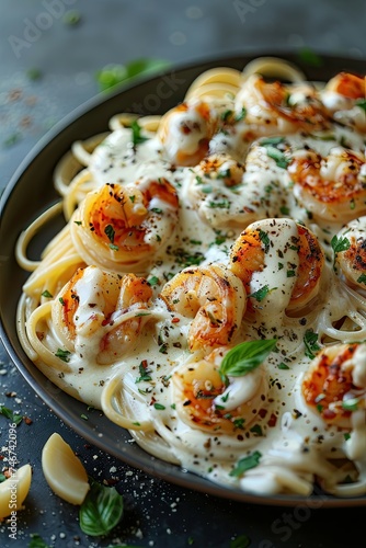 Shrimp fettuccine in white sauce garnished with herbs on a plate.