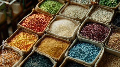 Colorful array of lentils and beans in burlap sacks.
