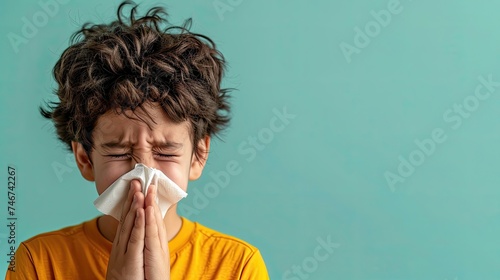 Child sneezing into a tissue with eyes closed. photo