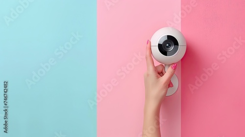 A hand installing a security camera on a dual-tone wall.