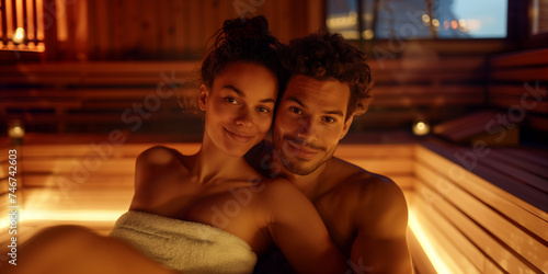 Verliebetes Paar sitzt in der Sauna und genießt eine Auszeit 