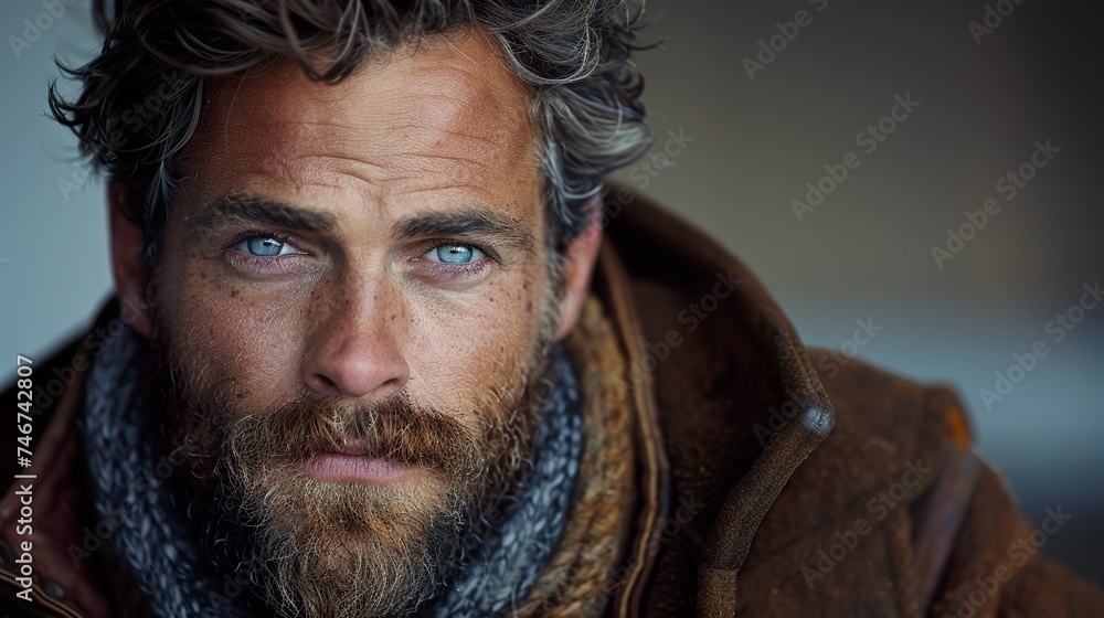 Fototapeta premium Portrait captures the essence of a man in the United States in 1920. Color portrait representation of bearded man around 30 years old.