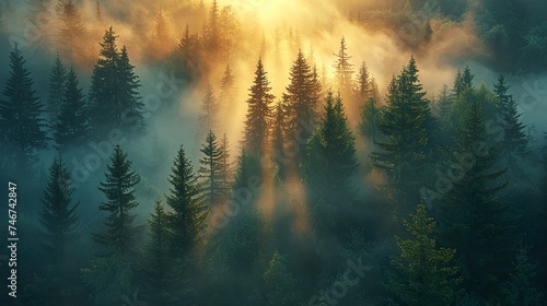 A swedish dreamy spruce forest, morning light, fog. Ai generative © Ewa