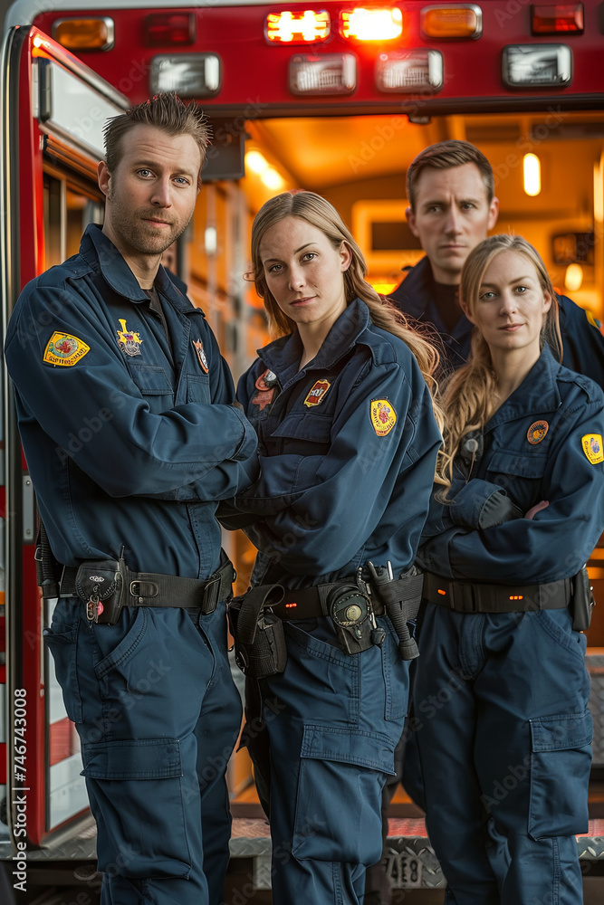 Paramedic team portrait standing in front of ambulance Paramedic team portrait standing in front of ambulance