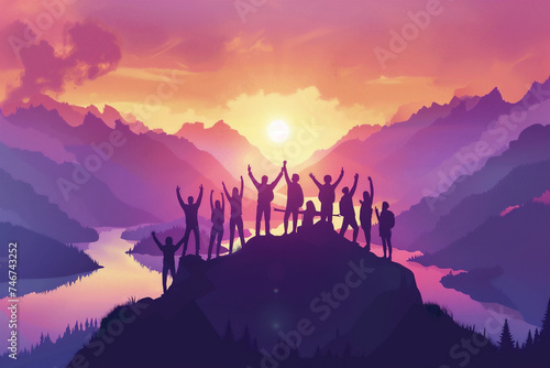 Generative AI illustration of a group of people having fun in success victory and happy pose with raised arms on mountain top against sunset mountains.