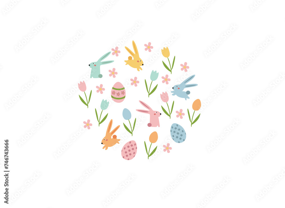 Happy Easter vector illustrations of bunnies, rabbits icons, decorated with flowers and eggs